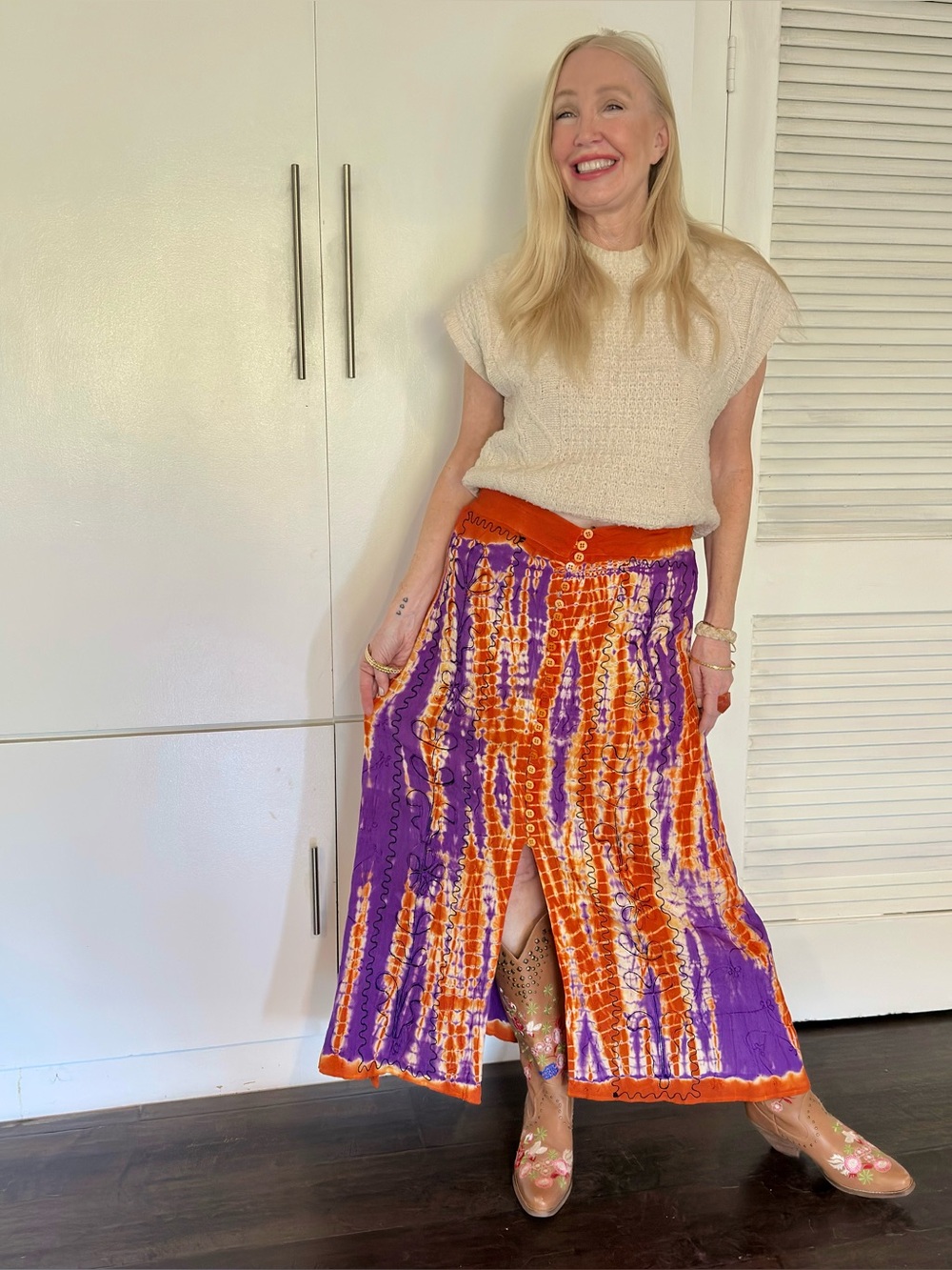 Boho Tie-Dye Orange & Purple Maxi Skirt Size M Hippie Festival Artsy Eclectic